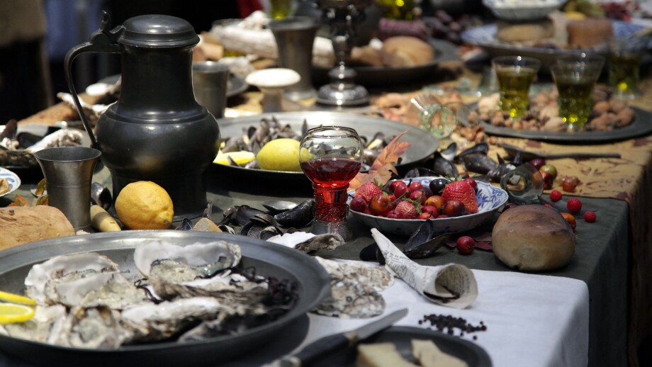 Burgundy feast in the year around1650.Gorgeous Food and drink buffet.(Masterchef in the golden age)