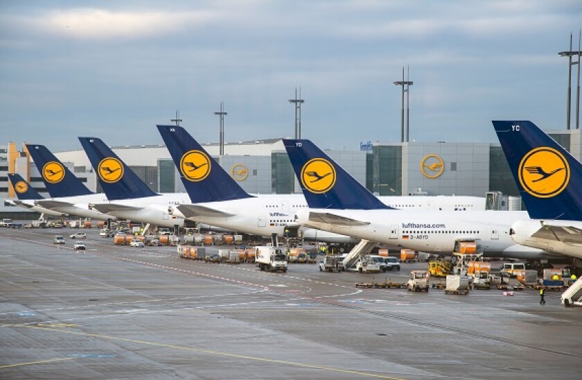 Lufthansa planes at Frankfurt international airport, Frankfurt, Hesse, Germany