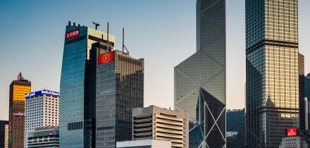 Hong Kong Skyscrapers - Modern Skyscraper towers on the waterfront on Hong Kong island, Hong Kong China. Bank of China buildings & Cheung Kong Centre.
