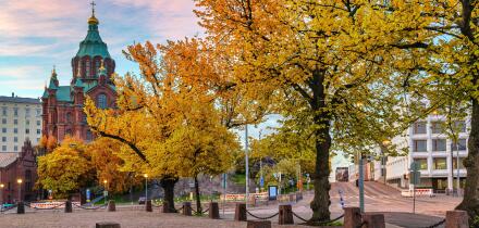 Helsinki Finland, city skyline at Uspenski Cathedral with autumn foliage season