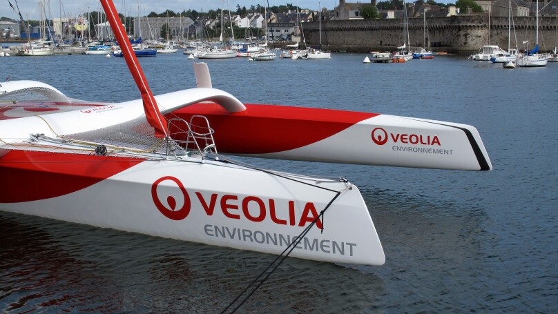 Trimaran Veolia Environnement,race boat in Concarneau harbour,Brittany,Bretagne,Finistere, France