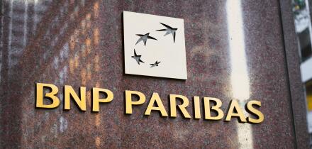 New York, NY - November 23, 2023:Bnp Paribas French multinational bank logo sign  on USA corporate headquarters office building polished marble wall r