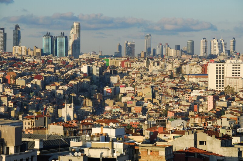 ISTANBUL, TURKEY. An evening view over Beyoglu towards the business and financial districts of Sisli and Levent. 2010.