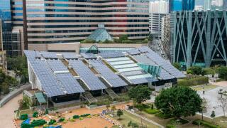 Solar panels on roof of ZCB eco-house (Zero Carbon Building) in Hong Kong