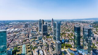 Germany, Hesse, Frankfurt am Main, aerial view of Frankfurt's Bankenviertel highrise