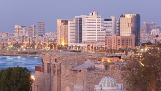 Downtown buildings viewed from HaPisgah Gardens Park, Tel Aviv, Israel, Middle East