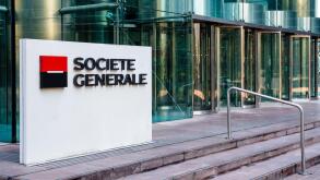 Sign of the Societe Generale at the entrance of the head office of the french banking group in La Defense business district.