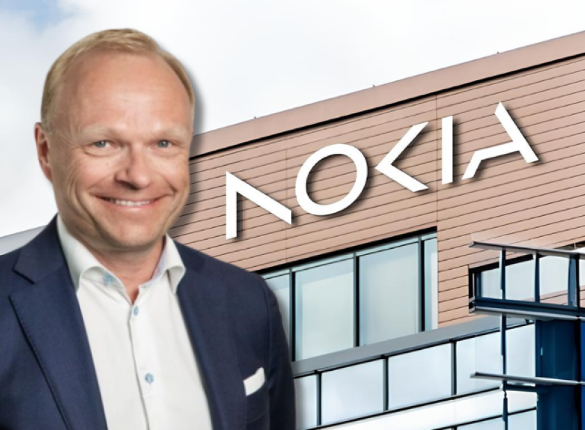 Departing Nokia CEO Pekka Lundmark superimposed in front of the faced of Nokia's headquarter building in Espoo, Finland