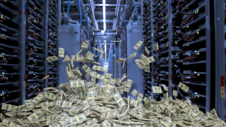 A bill pile of cash superimposed in front of a data centre server room