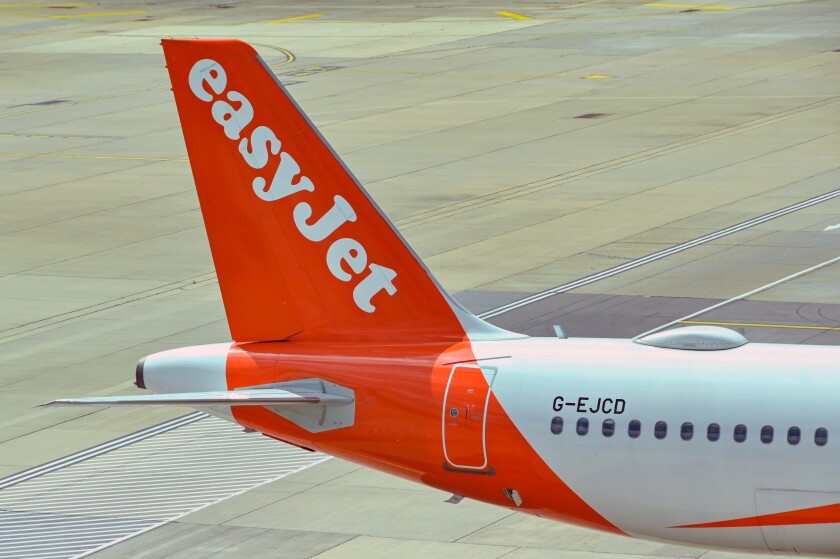 London, England, UK - 1 August 2023: Tail fin of an Airbus A320 passenger jet operated by budget airline easyjet (registration G-EJCD) at London Gatwick airport