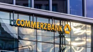 Commerzbank logo on glass facade, Dresden, Germany