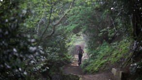 Early morning lady jogger runs up start of Penine Way in Vale of Edale, Peak District National Park, Derbyshire.