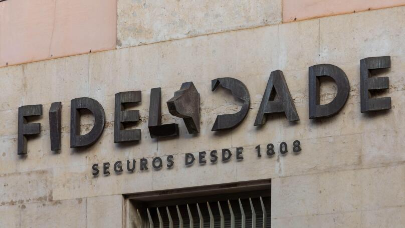 Fidelidade logo sign at an office. Fidelidade is a Portuguese insurance company and with its headquarters in Lisbon.