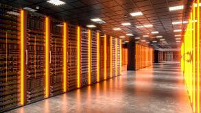 Modern data center server room glowing with orange lights 3d background