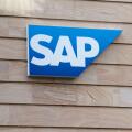Brisbane, Queensland, Australia - 21st January 2020 : SAP Logo hanging in front of a building facade in Brisbane. SAP is a European multinational soft