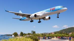 Skiathos, Greece ? July 30, 2019: TUI Boeing 757-200 airplane at Skiathos airport (JSI) in Greece.