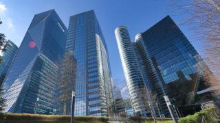 Up in the sky, The business district of Paris - Courbevoie, La Defense a sunny day with clear blue sky