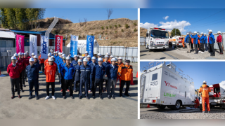 Staff from Japan's telco giants come together in Hiratsuka City in Kanagawa Prefecture to practice refuelling efforts as part of a wider disaster preparedness project