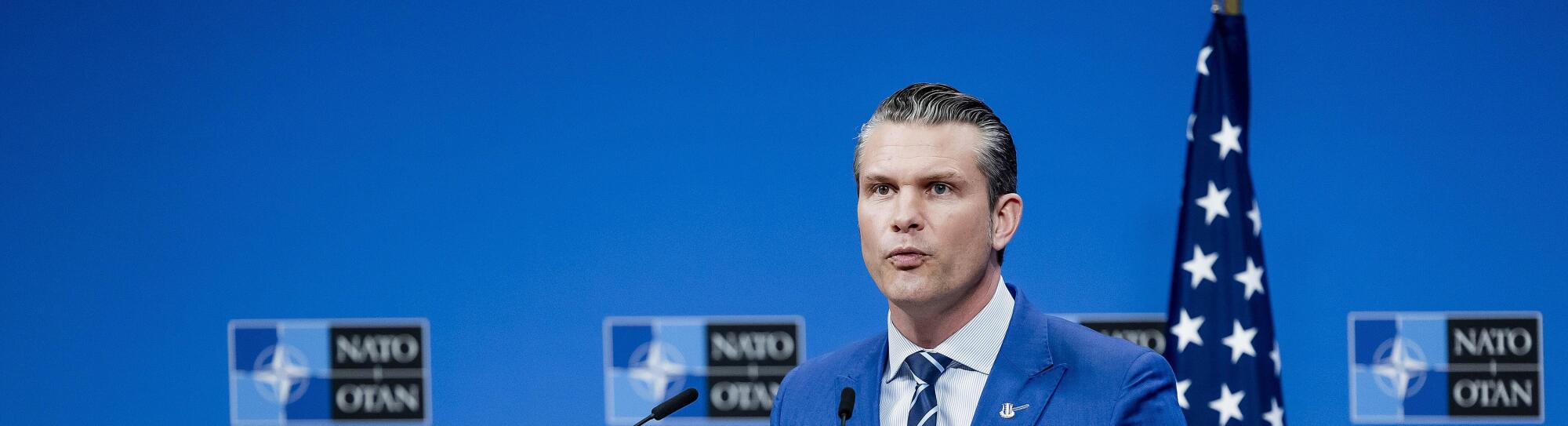 BRUSSELS - Pete Hegseth, U.S. Secretary of Defense, gives a press conference at NATO headquarters following a meeting of the defense ministers of the 32 NATO countries. At the so-called Defense Ministerial, they will discuss, among other things, preparati