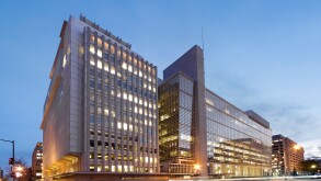 The World Bank Building headquarters main building at dusk. H Building 1818 H Street; Pennsylvania Avenue, Washington DC, USA
