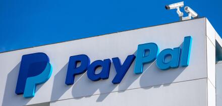PayPal logo and sign at company headquarters building facade in Silicon Valley. PayPal Holdings Inc. is an American company operating a worldwide onli