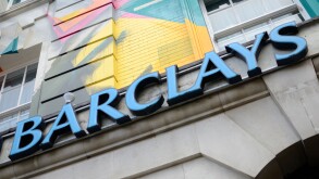 Colourful Barclays Bank building facade, King's Cross, London, UK