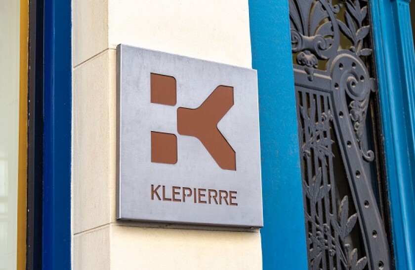 Sign and logo at the entrance to the headquarters of Klepierre, a French investment trust specializing in management and development of shopping malls