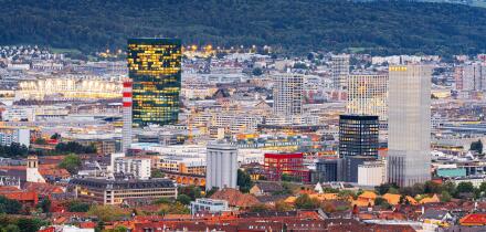 Zurich, Switzerland with modern high rises at twilight.