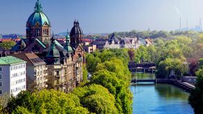 Munich skyline and Isar river