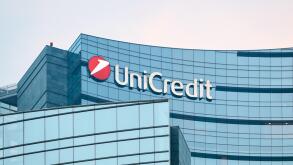 Unicredit bank skyscraper detail at dusk. Unicredit S.p.A. is one of the biggest Italian and European credit group