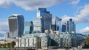 The City of London skyscrapers seen from the river Thames,The Square Mile business district in London, England, United Kingdom UK