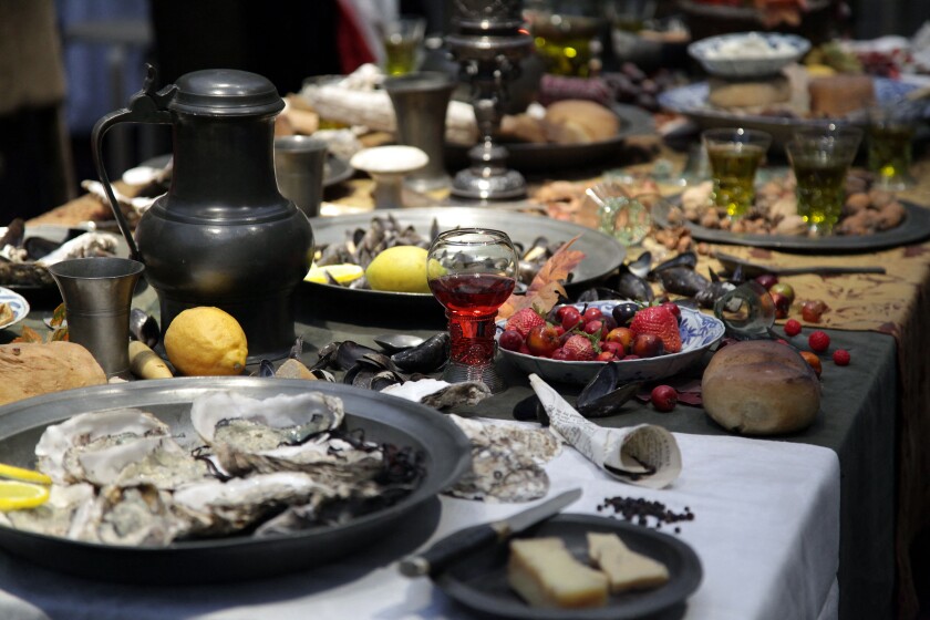 Burgundy feast in the year around1650.Gorgeous Food and drink buffet.(Masterchef in the golden age)