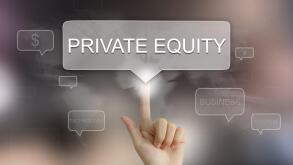 hand pushing on private equity balloon text button