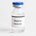 A Medical Vial with a label reading Malaria Vaccine