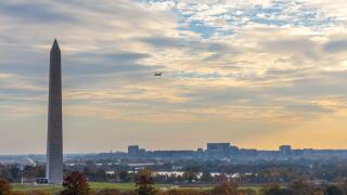 Washington DC aerial view with National Mall and Monument on an autumn sunset