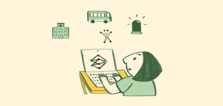 A person with their hands on a laptop keyboard is looking at something happening over their screen with a worried expression. They are white, have shoulder length dark hair and wear a green t-shirt. The overall image is illustrated in a warm, sketchy, cartoon style.  Floating in front of the person are three small green illustrations representing different industries, which is what they are looking at.  On the left is a hospital building, in the middle is a bus, and on the right is a siren with small lines coming off it to indicate that it is flashing or making noise.  Between the person and the images representing industries is a small character representing artificial intelligence made of lines and circles in green and red (like nodes and edges on a graph) who is standing with its ‘arms’ and ‘legs’ stretched out, and two antenna sticking up.  A similar patten of nodes and edges is on the laptop screen in front of the person, as though the character has jumped out of their screen.  The overall image makes it look as though the person is worried the AI character might approach and interfere with one of the industry icons.