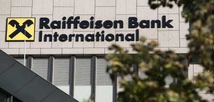 A logo sign outside of the headquarters of Raiffeisen Bank International (RBI) in Vienna, Austria, on September 5, 2018. (Photo by Kristoffer Tripplaar/Sipa USA)