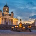 Helsinki Finland, sunrise city skyline at Helsinki Cathedral and Senate Square