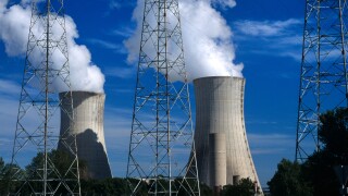 Cooling Towers & Electricity Pylons of Tricastin Nuclear Power Plant, or Nuclear Power Station, Rhone Valley, France