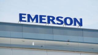 Baar, Zug, Switzerland - 28th March 2021 : Emerson Electric Co. company sign in Baar, Switzerland. Emerson is an American multinational corporation ma