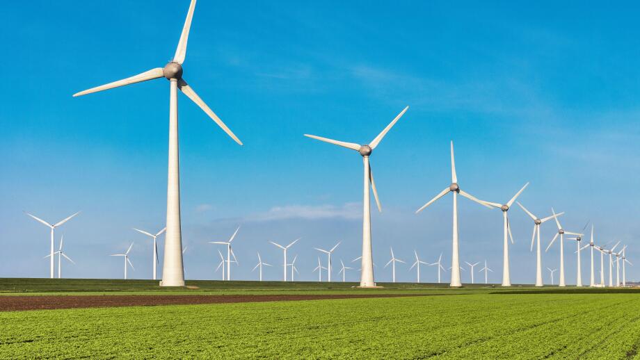 Wind turbine from aerial view, Drone view at windpark westermeerdijk a windmill farm in the lake IJsselmeer the biggest in the N