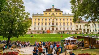 Ludwigsburg, Germany, October 3, 2023, Blooming baroque gardens full of people visiting the famous destination and ancient castle at the pumpkin festi