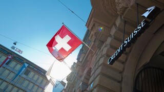 Company headquarters of Switzerland's two largest banks UBS (background) and Credit Suisse at Zurich, Switzerland, Paradeplatz.