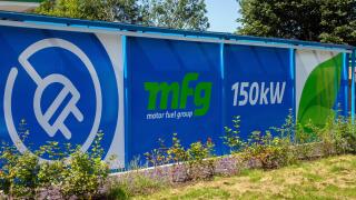 MFG Motor Fuel Group 150 kW EV Power 'Fast Clean Energy' car charging station at Parbold, Lancashire UK