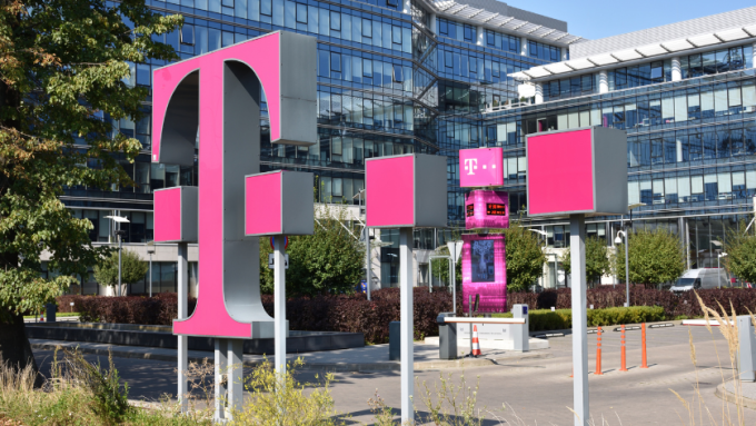 T-Mobile's company logo on a sign outside its corporate office in Warsaw, Poland