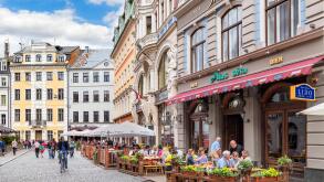 Cafes and bars on Maza Monetu Iela in the Old Town, Vecriga (Old Riga), Riga, Latvia