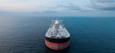 Aerial view of a large crude oil product tanker ship in the Strait Of Hormuz transporting oil and petroleum products around the world