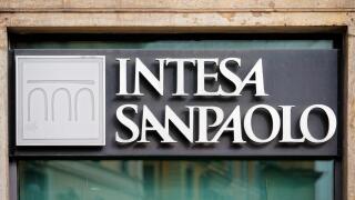 Rome, Italy - October 14, 2016: Entrance Plate of the Local branch of Italian Bank called Intesa Sanpaolo.