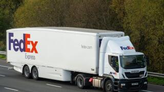 FedEx HGV lorry travelling on the M3 motorway, England, UK