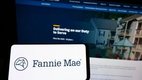 Person holding cellphone with logo of US financial company Fannie Mae (FNMA) on screen in front of business webpage. Focus on phone display.